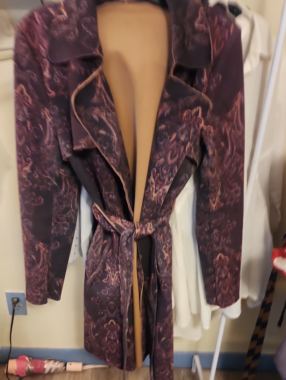 Solitaire Paisley Tie-Waist Trench Coat in Plum and Rose